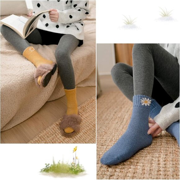 Women 5 Pairs E- Yellow,Khaki,Brown,Blue,Green Warm Winter Cozy Thermal Socks - Picture 4 of 6